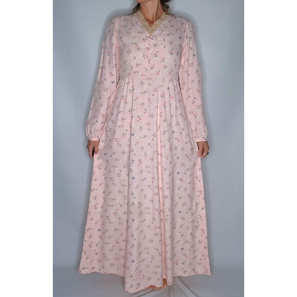 70s Maxi Floral Dress Prairie Peasant Lace Trim - Gunne Sax Victorian Style XXS - Picture 8 of 9